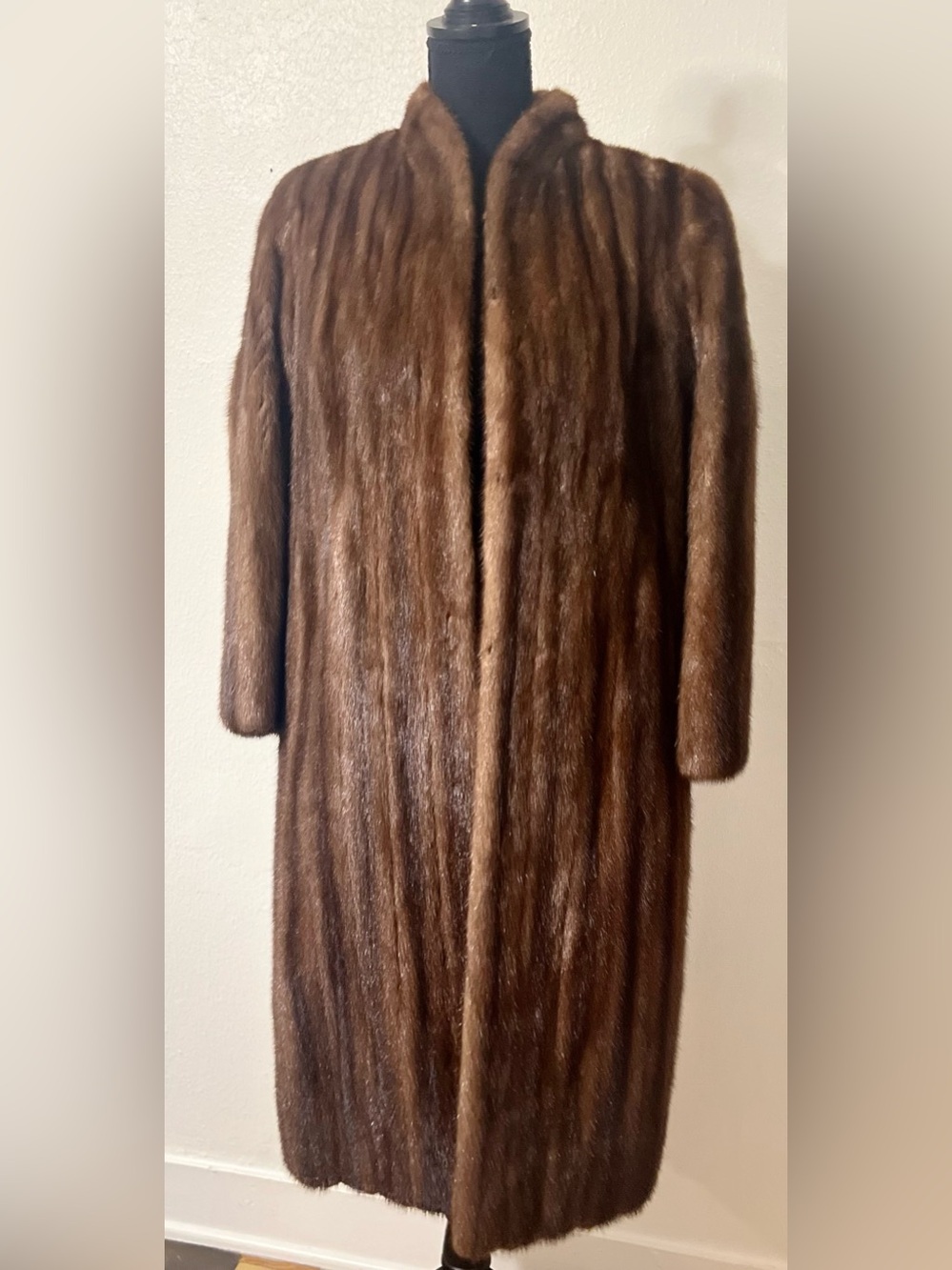Vintage Luxury Mink Brown Fur Coat with Soft Textured Finish and Stand Up Collar